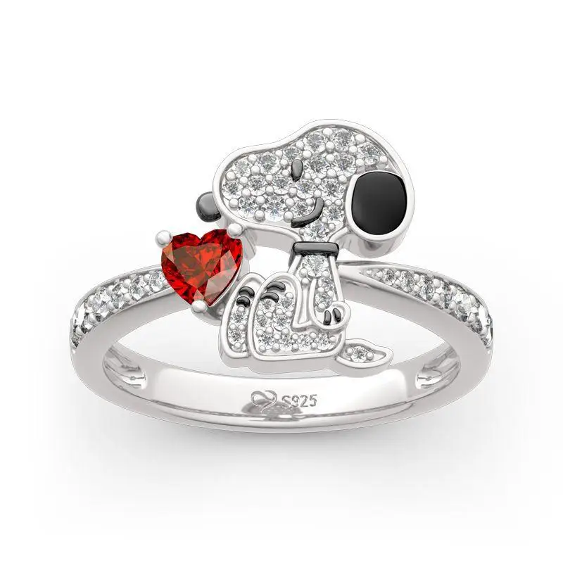 New Fashion Snoopy Ring Kawaii Girls Boys Love Heart Diamond Crystal Wedding Rings Valentine's Day Jewelry Accessories Gifts Toy