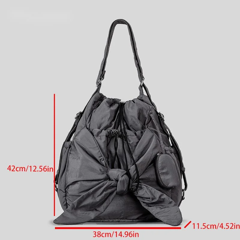 Fashion Pleated Drawstring Backpack Women's Bow Casual Nylon Women's Backpack Light Weight Student Bag Large Capacity Travel Bag