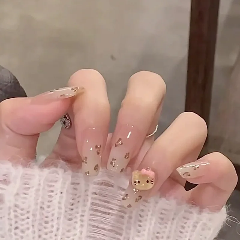 24Pcs Simple French Square Head Press on False Nails Peach Blossom Fake Nail Wearable Finished Manicure Full Cover Nail Tips