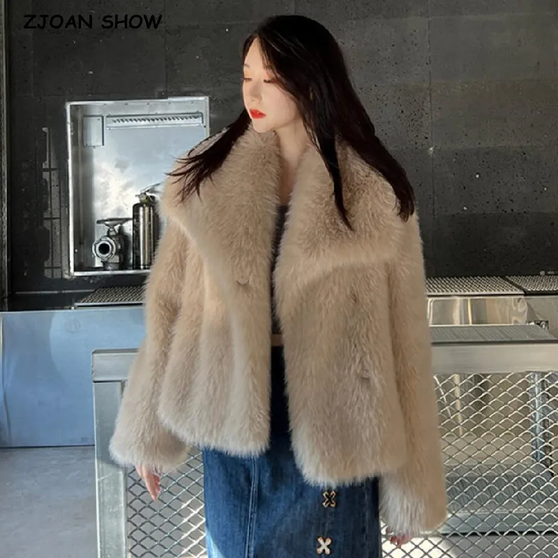 2023 Winter Large Lapel Fur Coat Full sleeve Loose Warm Shaggy Faux Fur Jacket Short Loose Coat Khaki Black