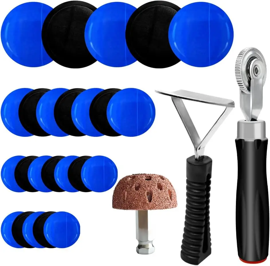 

34Pcs Tire Repair Kit: Patches, Roller, Buffing Wheel & Scraper for Cars, Motorcycles, Bikes