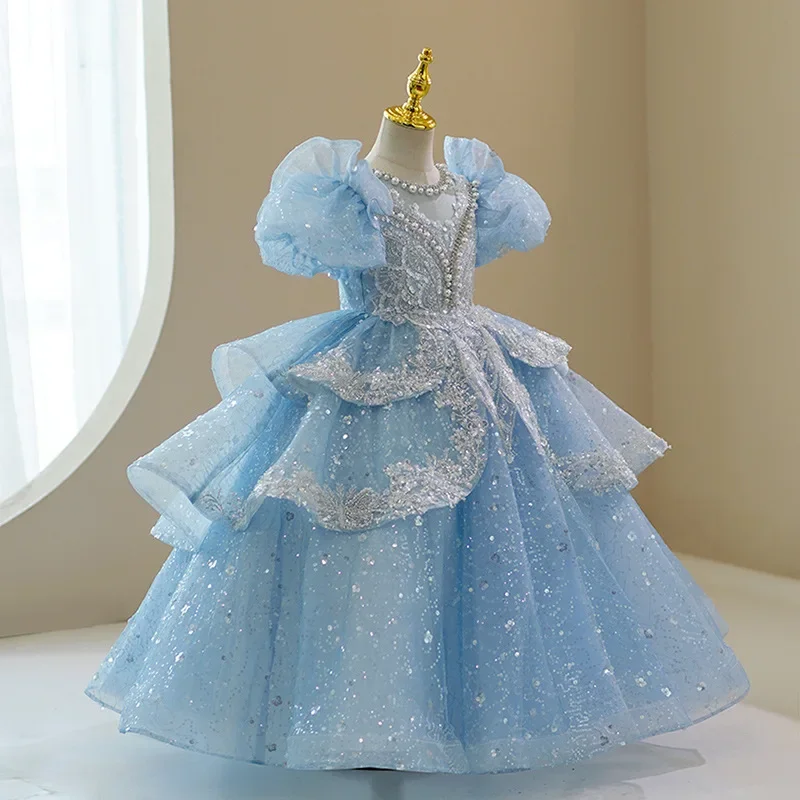 Girls Princess Dress Puff Sleeve Sequin Embellished Tiered Tulle Pearl Neckline Formal Party Pageant Costume
