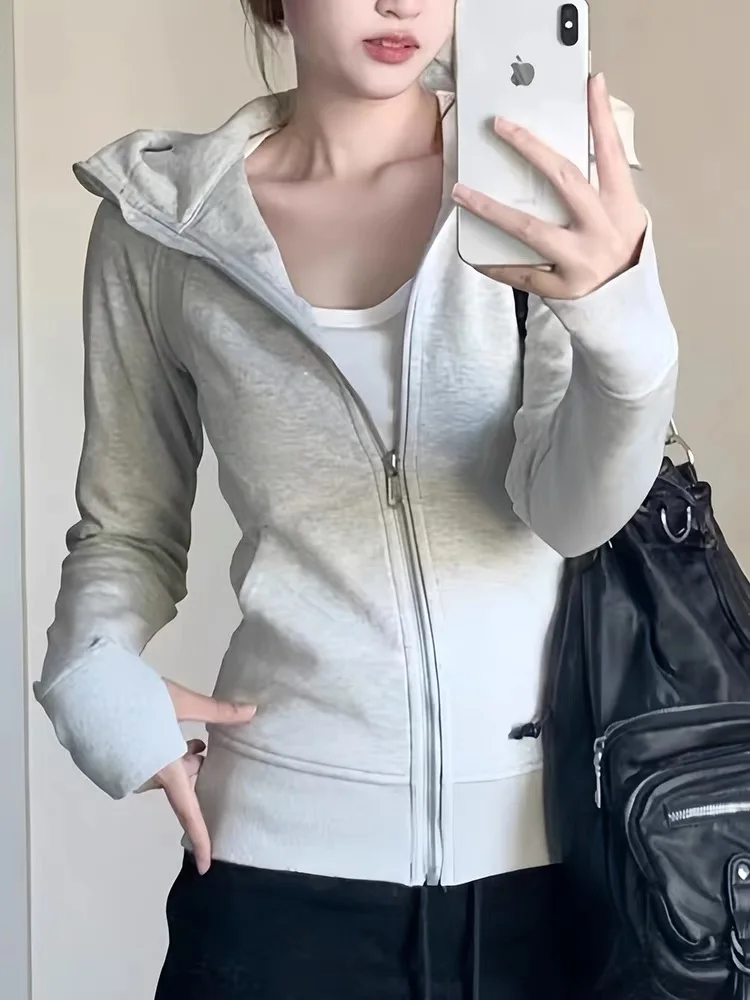 Deeptown American Vintage Cropped Hoodies Women Korean Style Streetwear Grey Zip Up Hooded Sweatshirt Casual Y2k Slim Hood Shirt