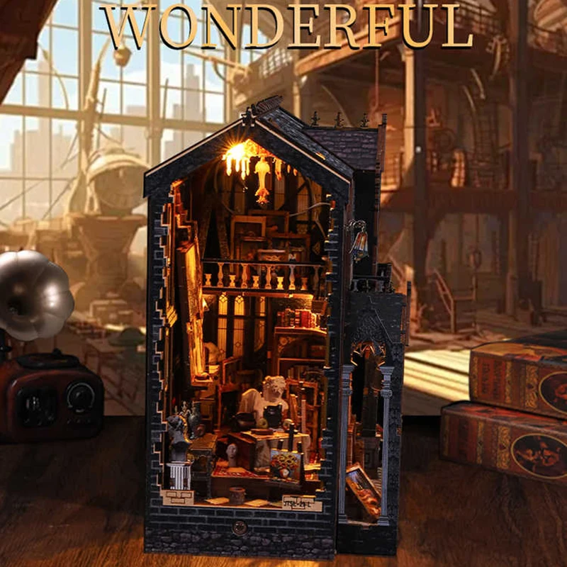 ชุดประกอบบ้านตุ๊กตาไม้ DIY สตูดิโอศิลปะ เฟอร์นิเจอร์จิ๋ว ชุดประกอบมุมอ่านหนังสือ โมเดลอาคาร 3 มิติ ของเล่นประกอบเอง ของขวัญคริสต์มาสสำหรับผู้ใหญ่ บ้านตุ๊กตา