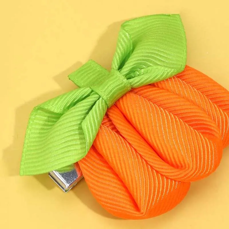 Oaoleer 2Pcs Pumpkin Hair Clip For Baby Girls Solid Grosgrain Ribbon Hair Pin Barrettes Kids Headwear Halloween Hair Accessories