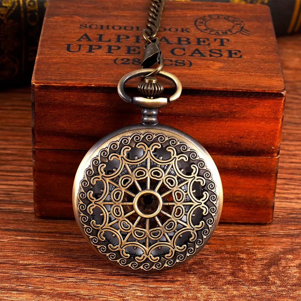 Large bronze spider web pattern mechanical pocket watch hollow retro flip mechanical watch nostalgic pocket watch
