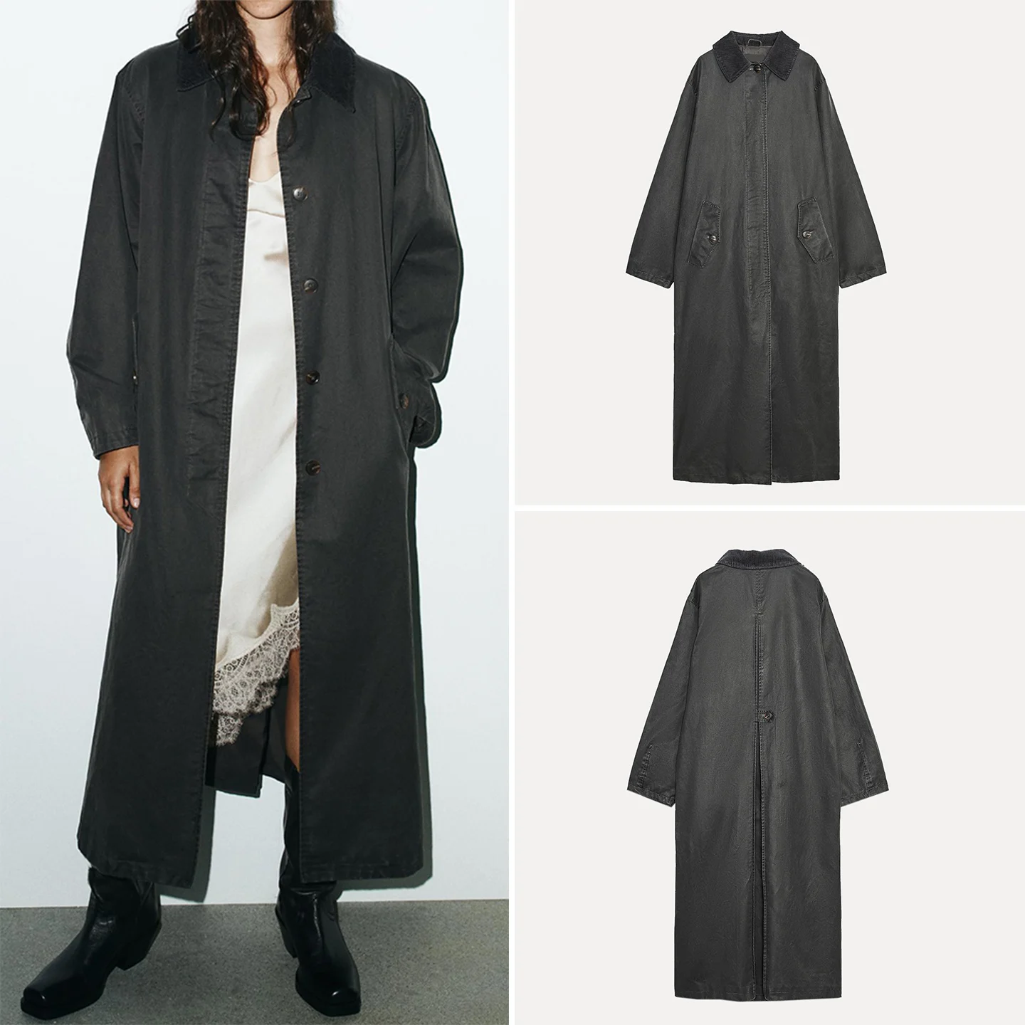 

Z 2025 New Faion Long Wax Leather Corduroy Collar Windbreaker Women's Coat Commute Loose Fit Single Button Pure Color