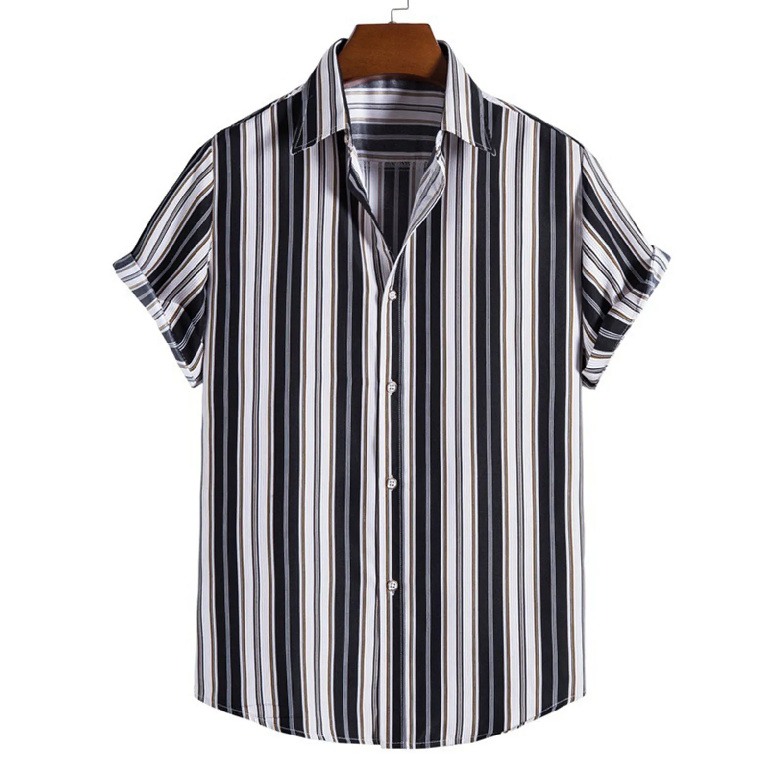 Men Summer Hawaii Lapel Tops Printed Turndown Loose Top Short Sleeved Shirts Formal Fashion Top Striped Casual Buttons Shirt