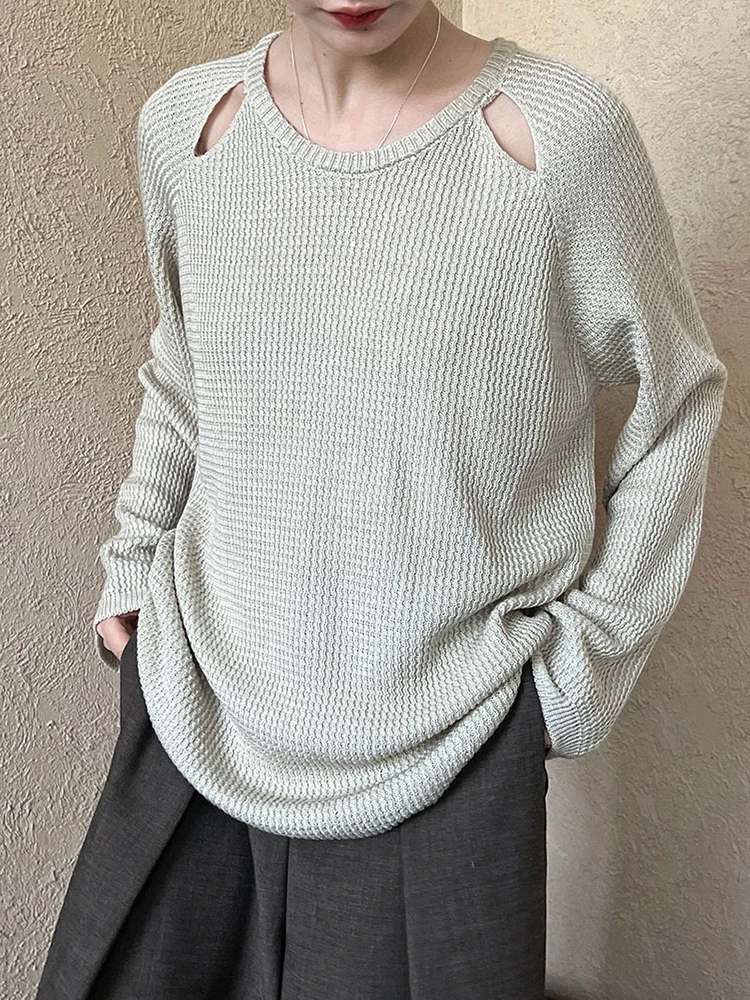 [EAM] Beige Hollow Out Big Size Knitting Sweater Round Neck Long Sleeve Women Pullovers New Fashion Spring Autumn 2024 1DH6778