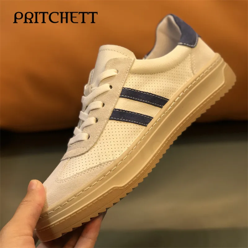 Fashion Color Matching Trend Sneakers Genuine Leather Blue and White Breathable Casual Shoes Comfortable Men's Shoes