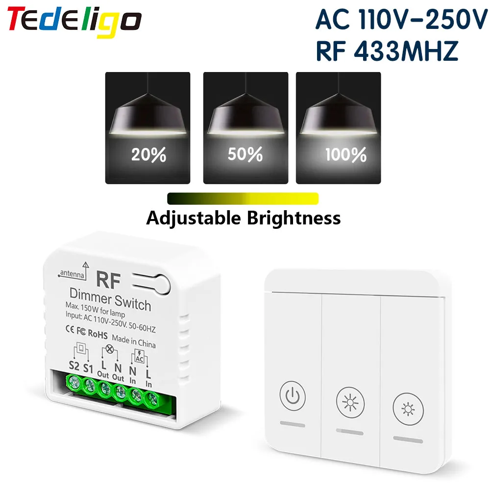 433Mhz Wireless Light Dimmer Switch AC 110V-250V Adjustable Brightness Controller Support 2 Way for LED Halogen Light Dimming