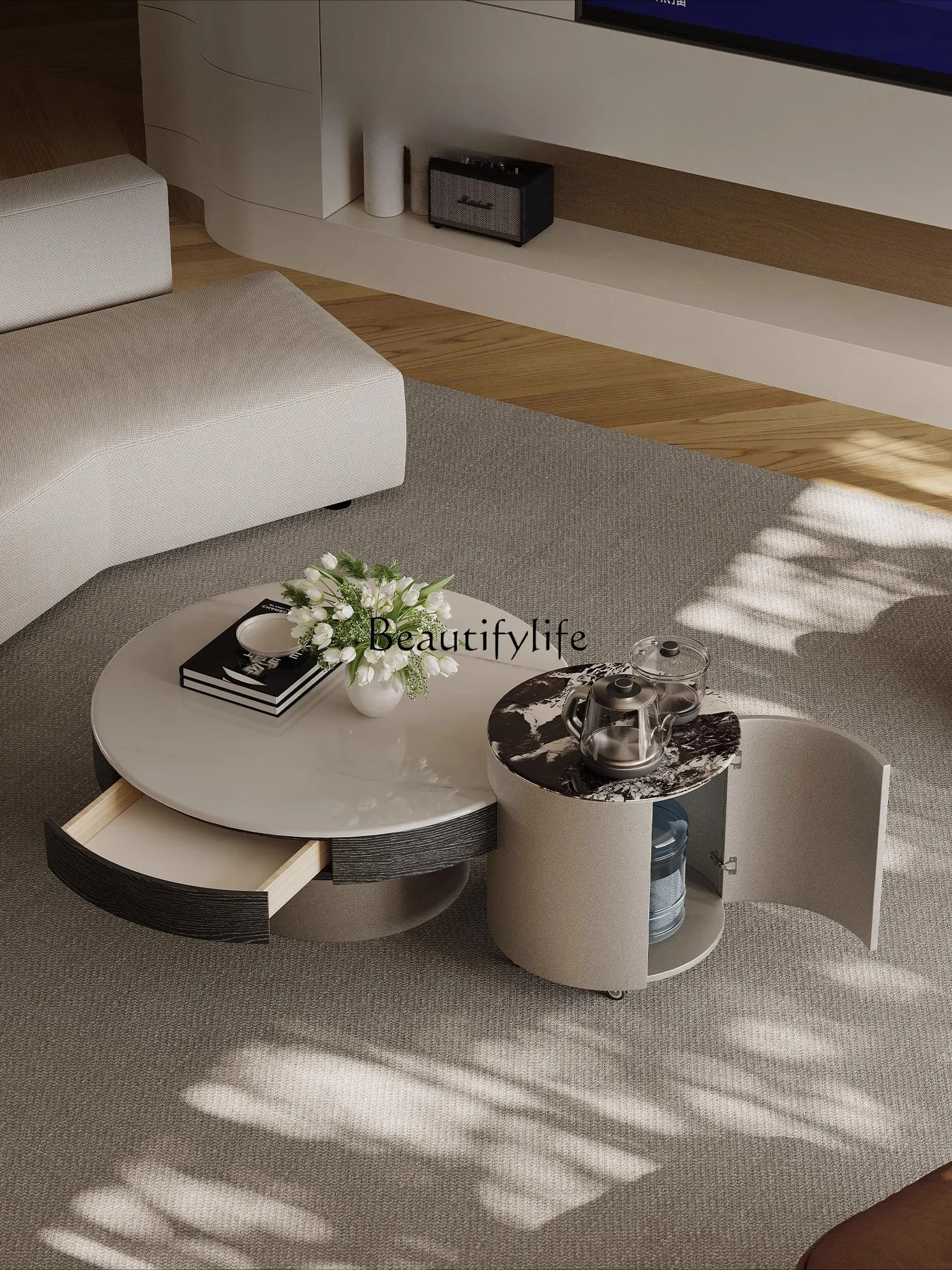 Ljy Italian minimalist marble coffee table combination kettle integrated round movable small tea table tea table living  househo - Image 4