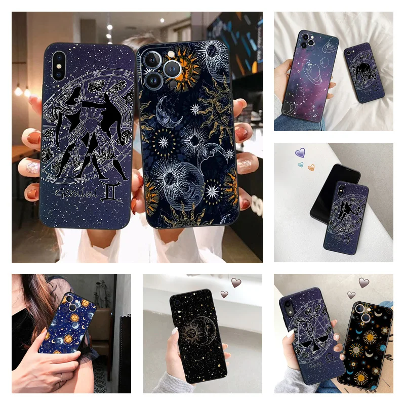 Phone Case for iPhone 16ProMax 14 13 15 Pro Max 11 XR SE 7 8 16 Plus 12 Zodiac Constellations Gemini Soft Black Silicone Cover