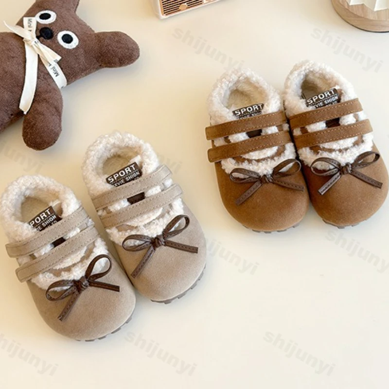 

Girls' Retro Bow Warm Shallow Mouth Cotton Single Shoes Winter 2025 Childrens Fashion Versatile Plush Comfortable Princess Shoes