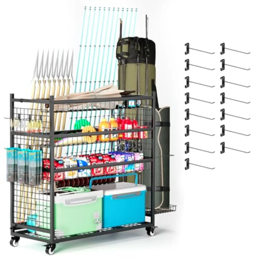 

Fishing Rod Storage With 15 Hooks For Garage, 45.2in Extra Large Fishing Pole Holder Gear Organizer Rack Up To 20 Rods, Tackle