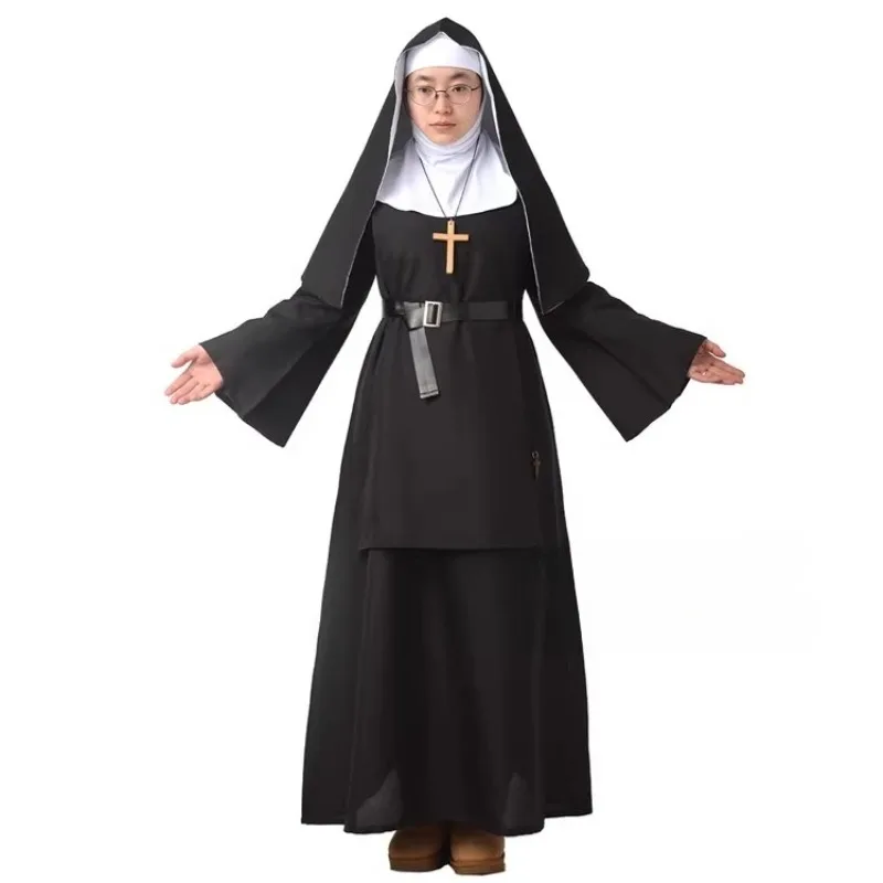 

Halloween Nun Costumes Women Scary Nun Outfit Party Unisex Men Priest Cosplay Long Dress Plus Size