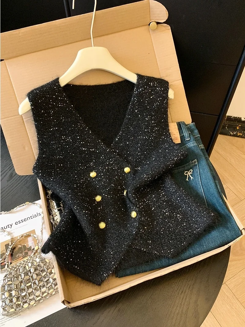 

Knitted Sequin Vest Women's Bla Double Button V-Ne Layering Top Soft Double Knit Spring Faion Casual Wear