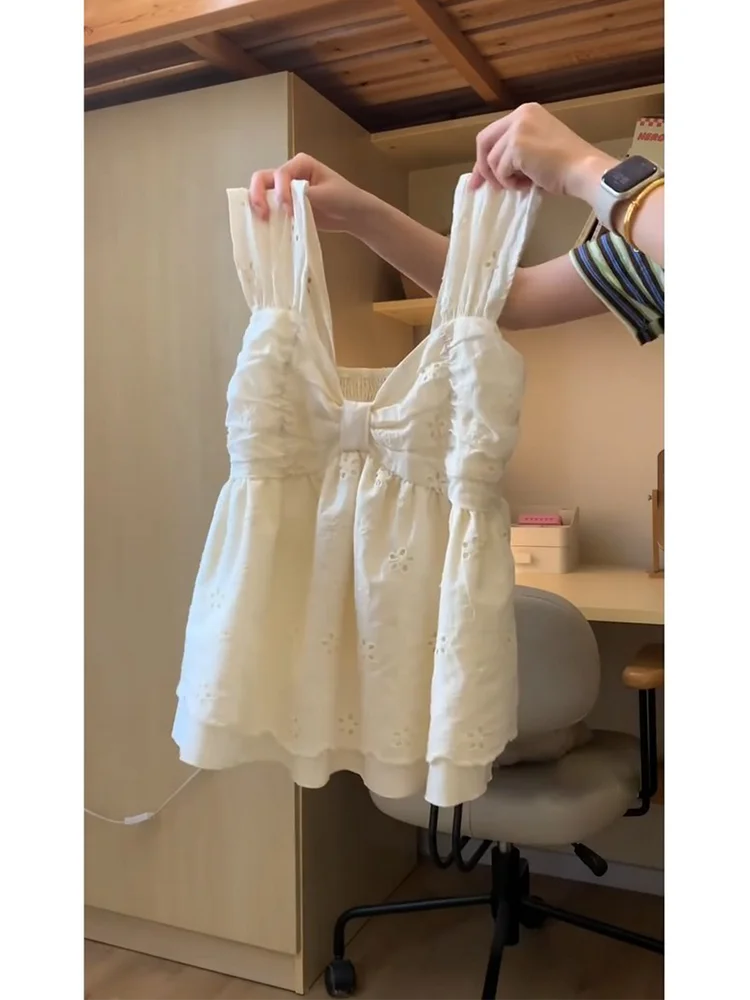 Korean Style Hollow out Embroidery Vest Women's Summer New  Knot Outerwear Slimming Top A-Line Narrow Strap Vest