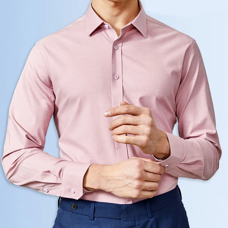 Camisas masculinas de vestido de fibra de bambu, manga comprida, ajuste fino, cuidado fácil, escritório, formal, alta qualidade