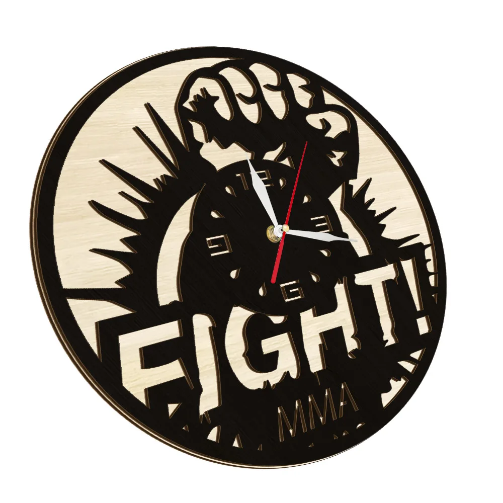 MMA Fight Inspired Wooden Wall Clock For Fighting Club Man Cave Sports Room Decor Mixed Martial Arts Fighting Combat Art Clock