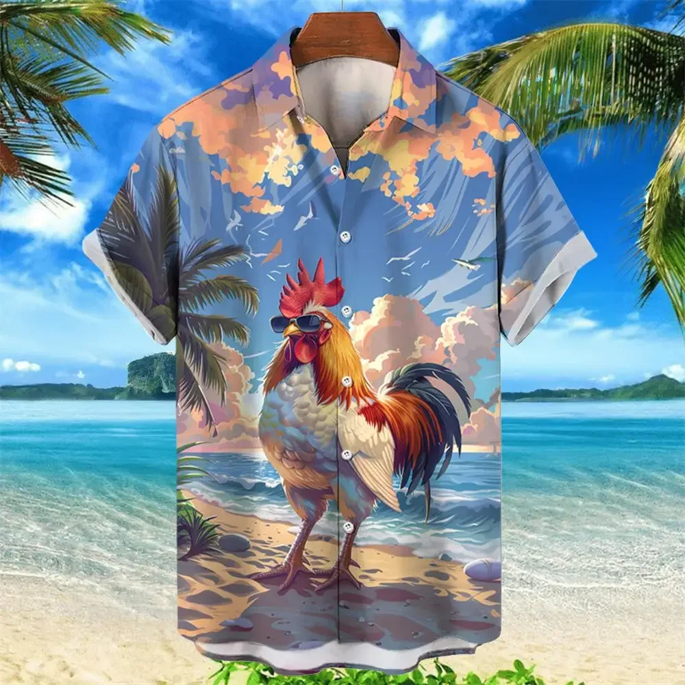 Camisa de praia de manga curta masculina, camisa havaiana, gráfico de galinha, estampas 3D, estilo havaiano, moda verão, camisa unisex aloha, 2024