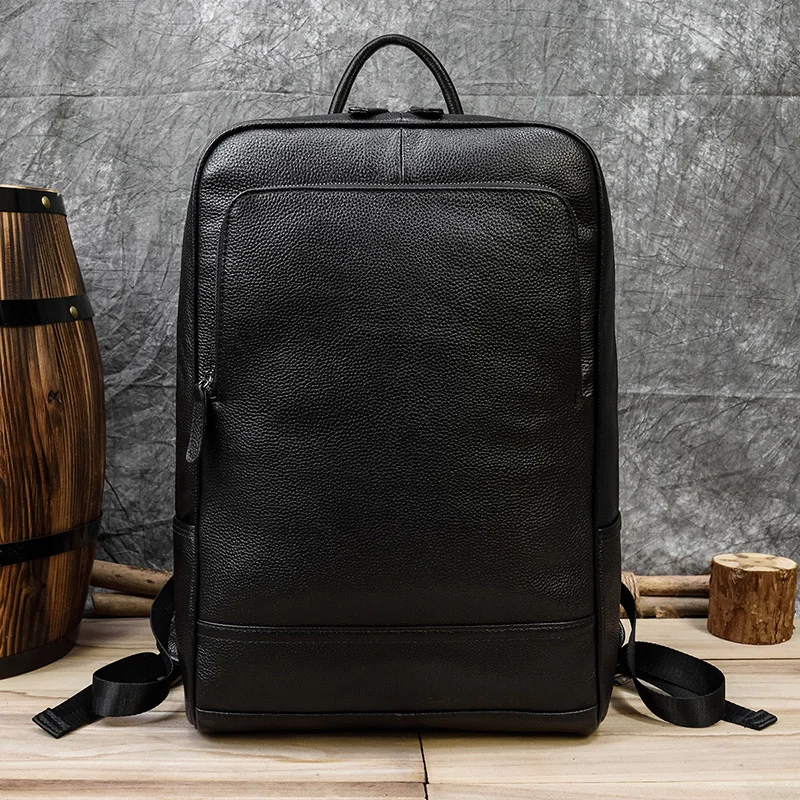 

Black Leather Laptop Backpack Fit 15.6" Computer Bag With USB Connector Cable Leather Travel Bag Men Male Cowskin Daypack