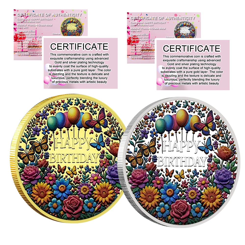 

Happy Birthday Zinc Alloy Relief Commemorative Challenge Coin with Certificate Metal Medals Colorful Deep Relief Coin