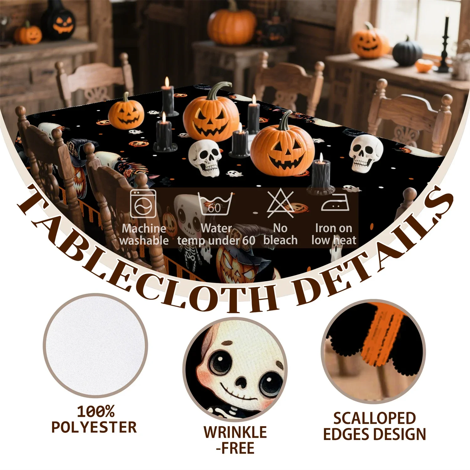 Halloween pumpkin lantern, black cat witch hat, skull tablecloth. Suitable for rectangular and round dining tables.xzj