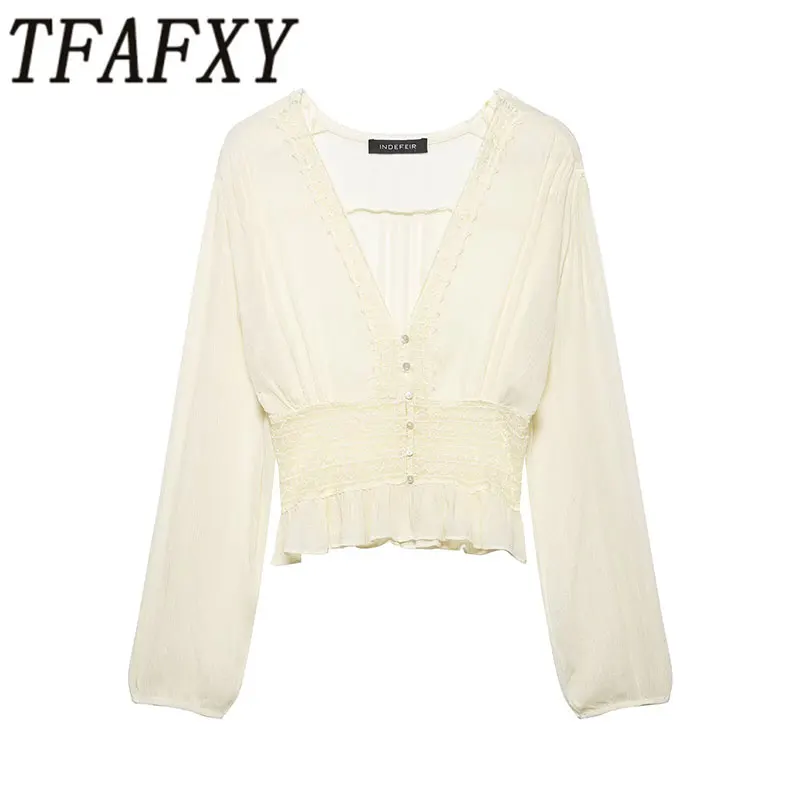 TFAFXY 2026 Frühling Damen Transparentes Hemd Langarm Chiffon-Bluse Mode V-Ausschnitt Lange Hemden Sexy Elegantes Oberteil ﻿