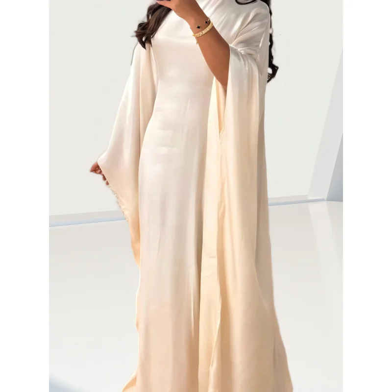 High-end Solid Color Shiny Satin Batwing Sleeve Dress RobeabayaMiddle East Women's Clothing