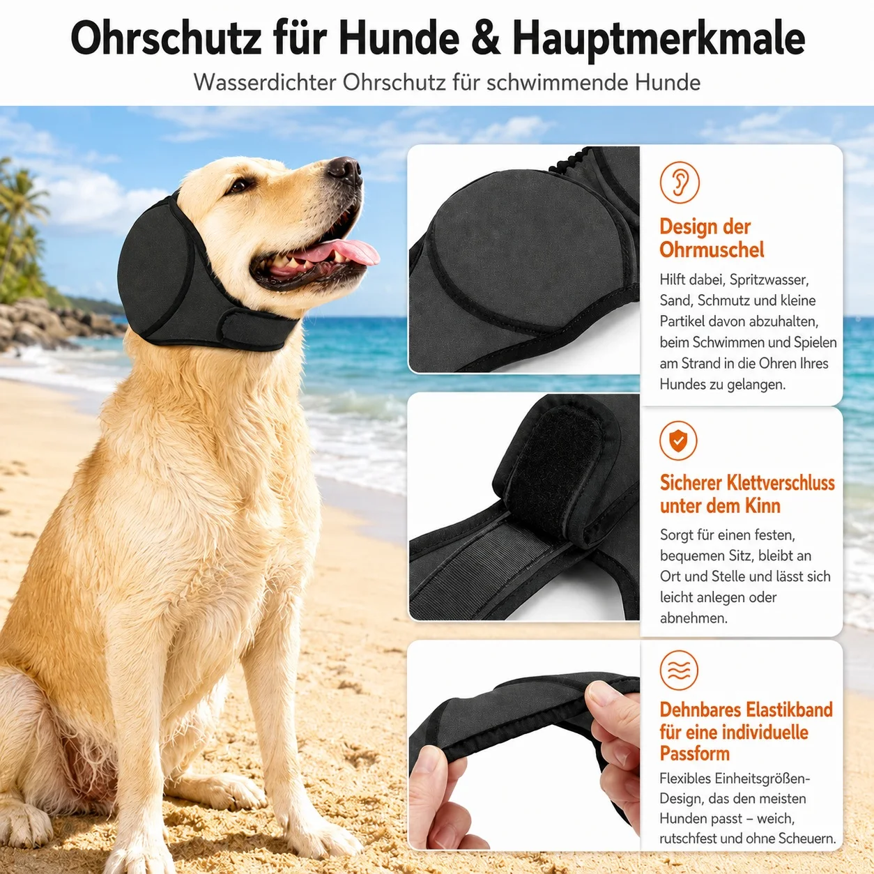 Hunde-Ohrenschützer zur Lärmreduzierung, Beruhigende Haube für Pflege, Schwimmen und Baden, Weicher Ohrenschutz für Hunde und Welpen – Detail 4