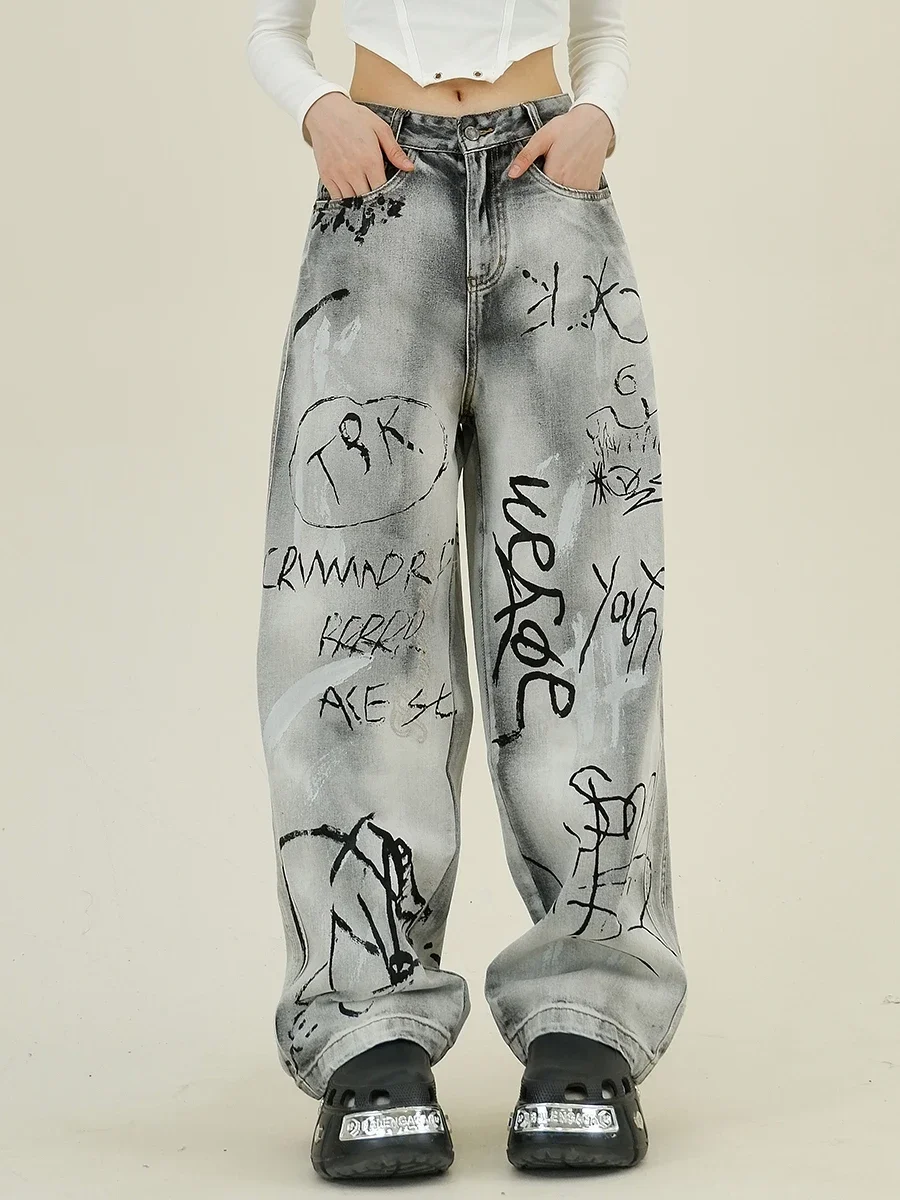 

Graffiti Design Jeans 2024 Autumn New Loose Bf American Trendy Brand Couple Woman