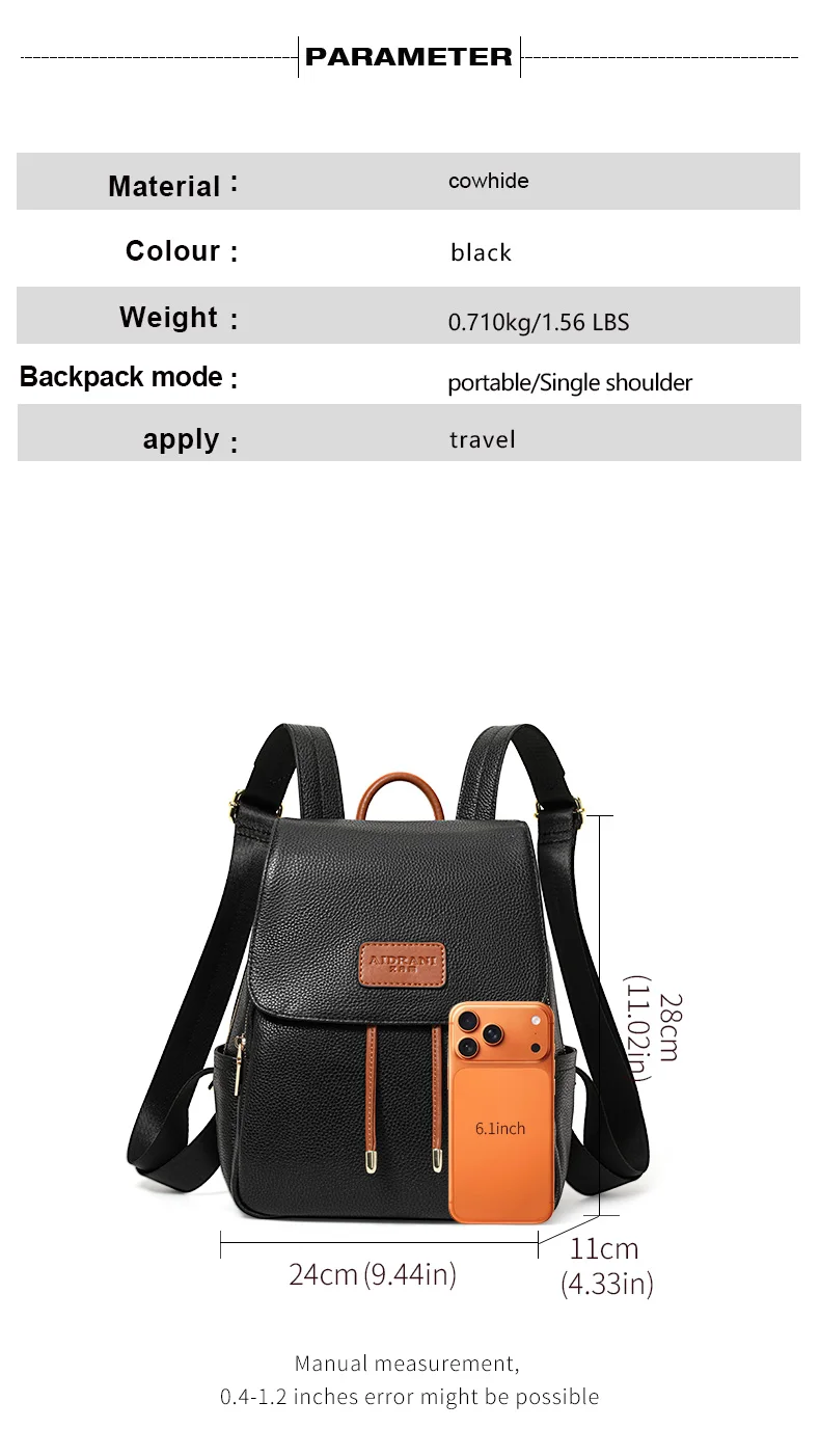 Aidanni Minimalistischer Stil Schwarzer Rucksack aus Vollnarbenleder für Damen, 2026 Neue Mode Lässige Reisetasche – Detail 4