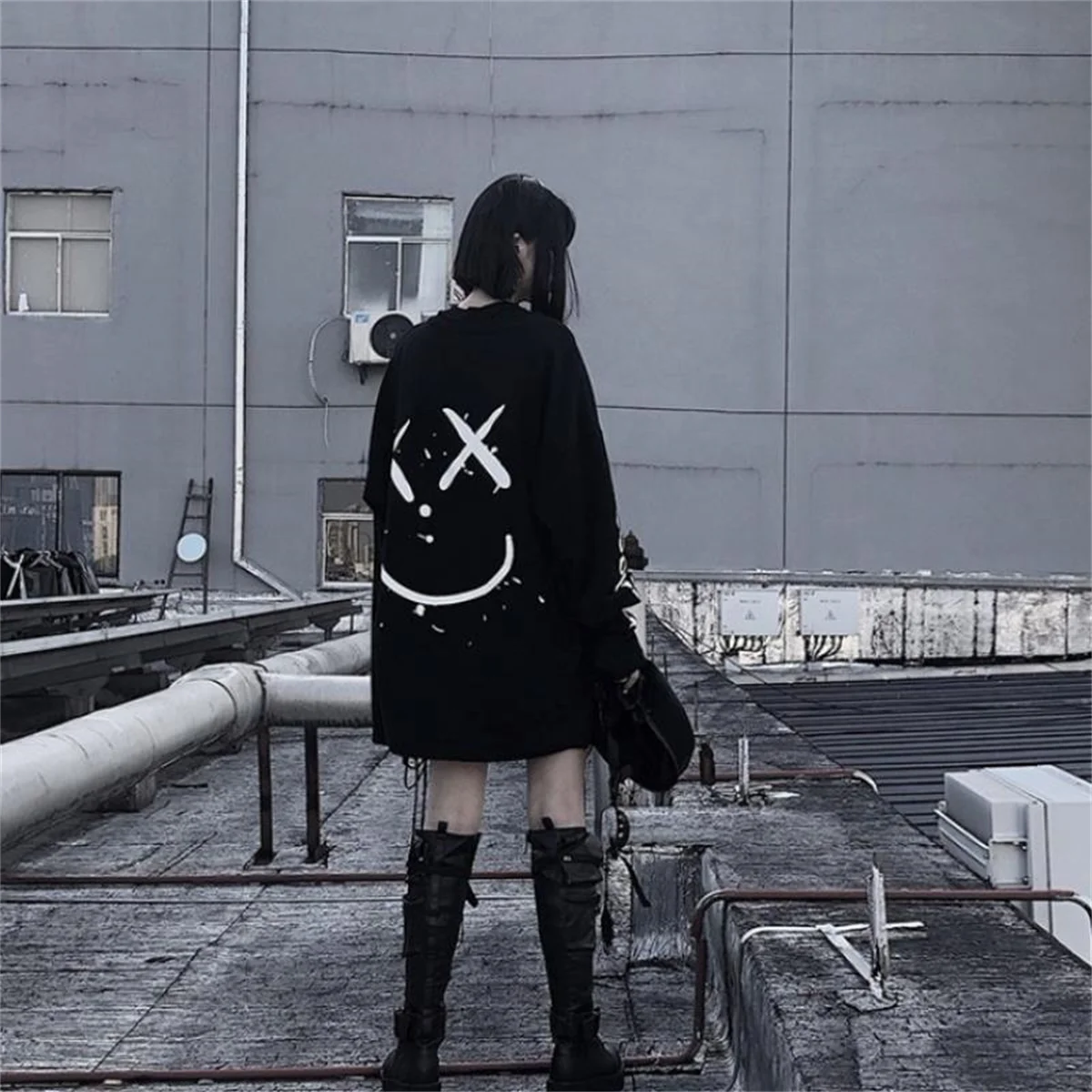 Black Devil Print T Shirts For Women Cool Summer Long Sleeve O-neck Shirt Korean Ladies Fleece Oversized Gothic Tops Tshirt