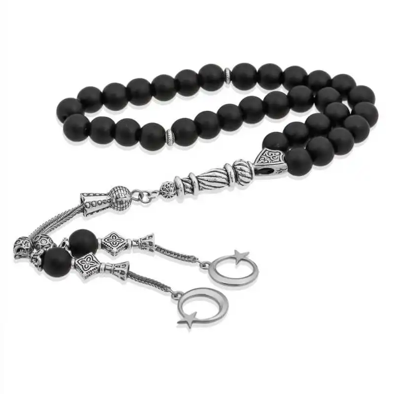 Natural Onyx Matt Stone Rosary Natural Stone Beads 33 Tasbih Rosary 925 Sterling Silver Tasseled, Islamic Muslim Tasbih Allah Men Women Meditation jewelry, Tasby, Unisex