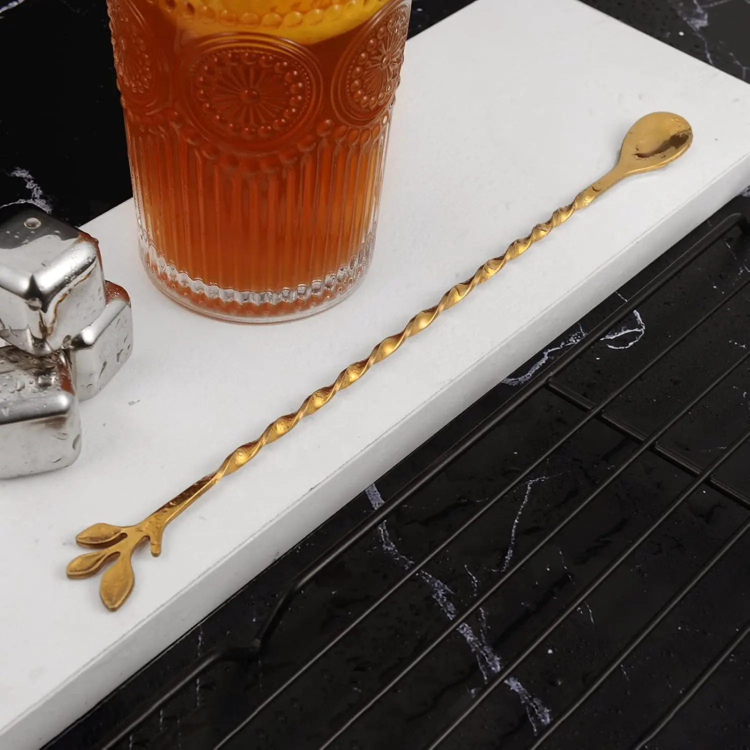 ช้อนค็อกเทลสแตนเลสขนาด 10 นิ้วพร้อมด้ามจับรูปใบไม้ - เหมาะสำหรับผสมเครื่องดื่มในแก้วทรงสูงและเชคเกอร์