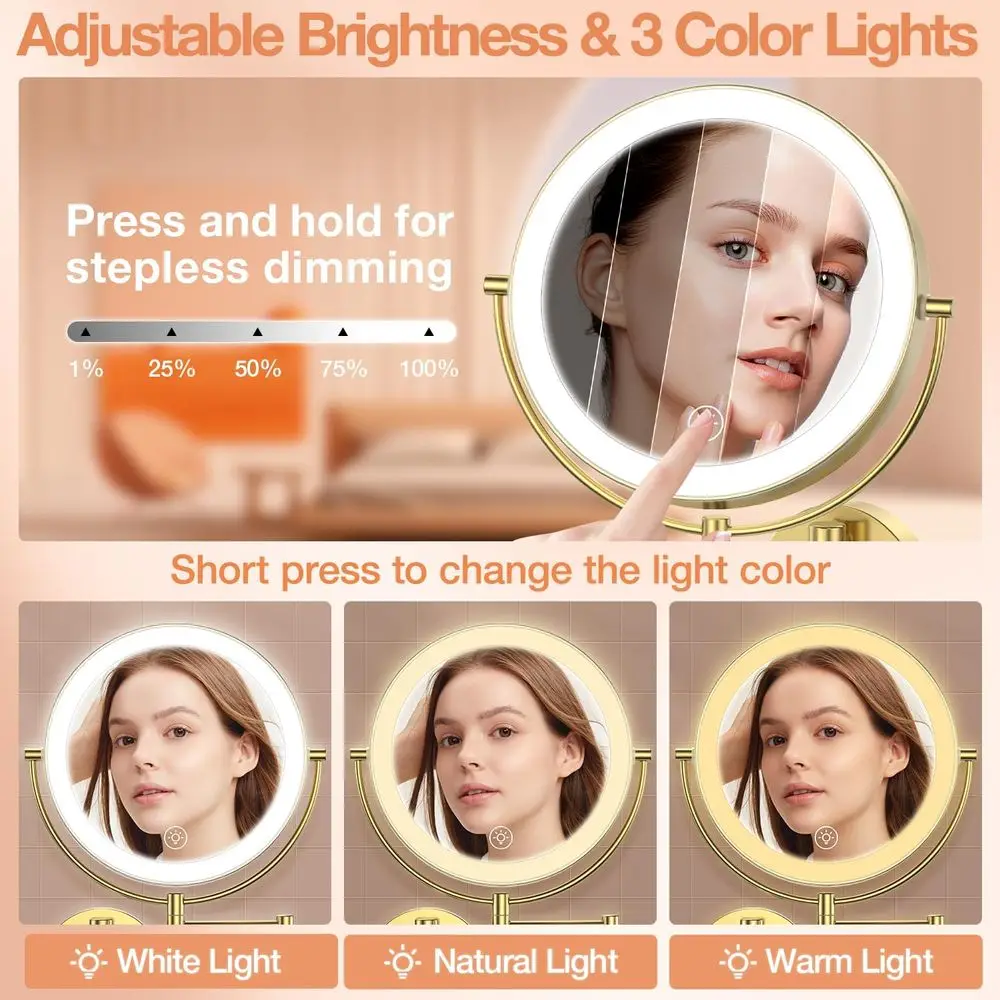 9 مرآة مكياج مضيئة على الحائط على الوجهين مع تكبير 1X/10X، ضوء 3 ألوان، تعتيم باللمس، 360 درجة ° ذراع دوار، ذهبي #4