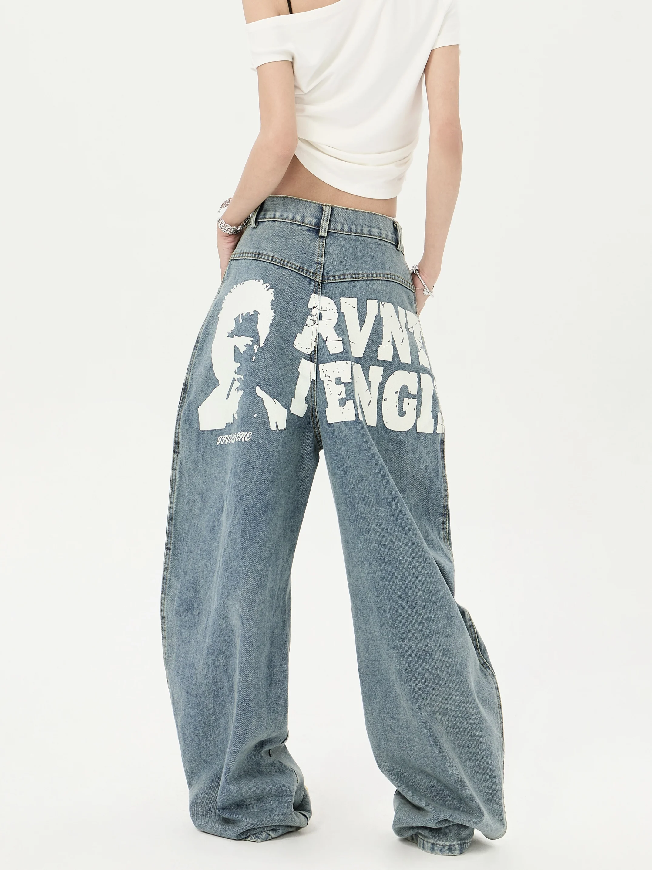 

Large Size American Vibe Street Retro Letter Print Design Sense Jeans Women's Trendy Brand Wide Leg Long Pants