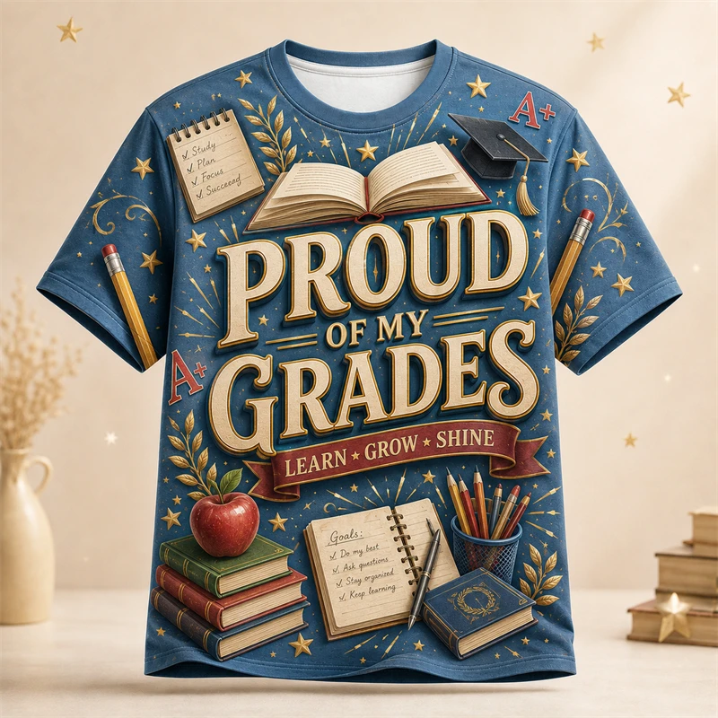Men T Shirt Proud Of My Grades Learn Grow Retro 3d Print Book Pencil Short Sleeve Top kids Back To School Casual Tees Unisex