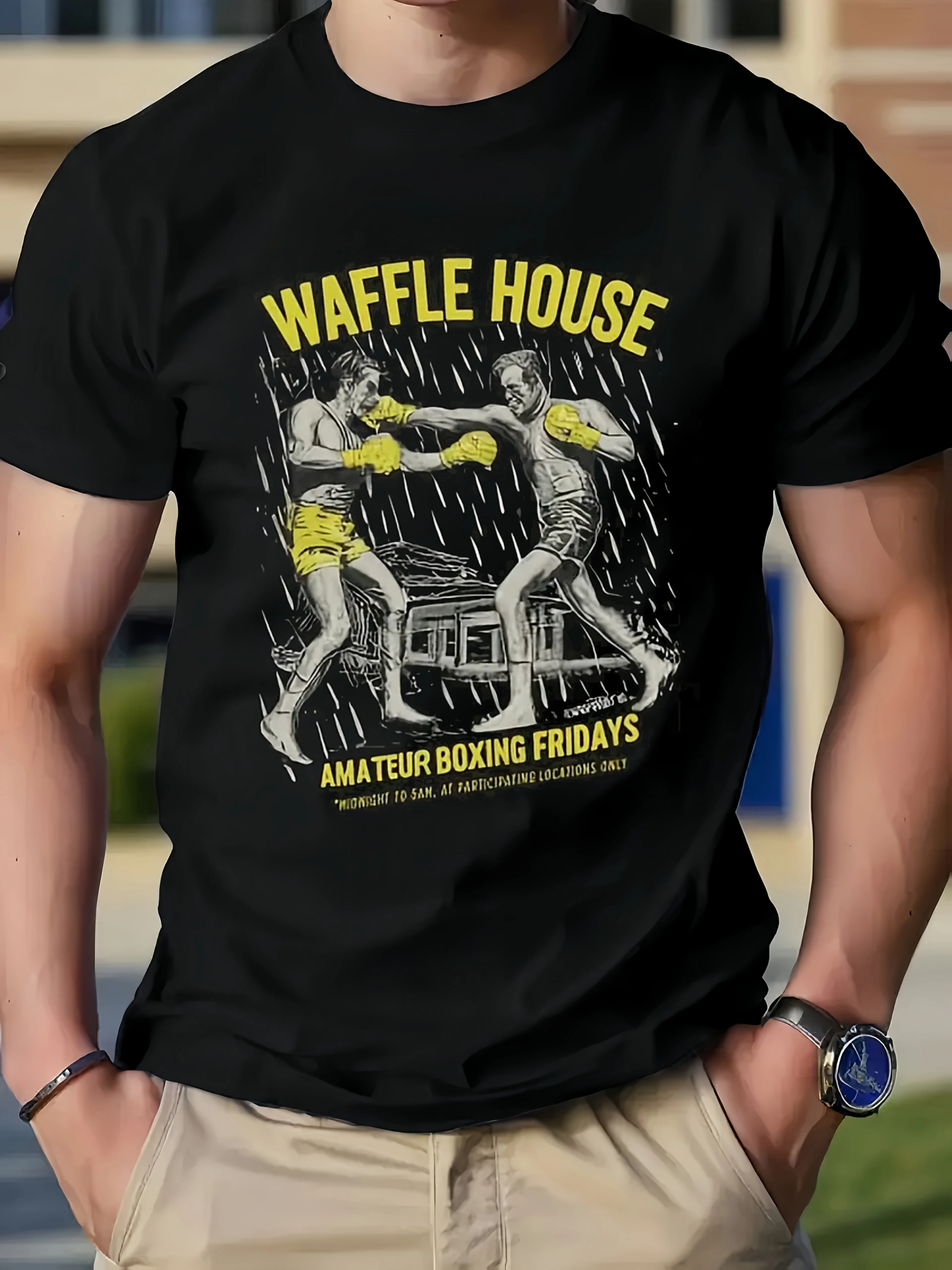 

WAFFLE HOUSE Yellow Slogan Yellow Gloves Fighting Pattern Printing T Men's and Women's Black Cotton T-shirts. Clear Print, Round