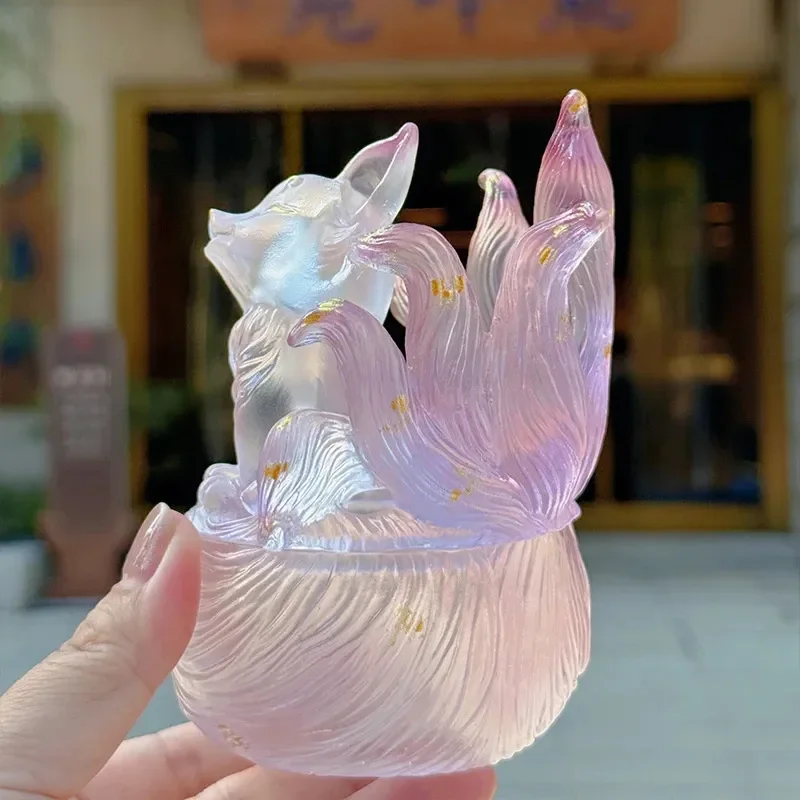 Purple Gradient Nine Tailed Fox Incense Burner Exquisite Desktop Ornament Spiritual Animal Statue Home Decor Gift for Temple