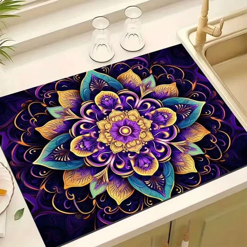 Mandala Tropical Floral Print Super Absorbent Drying Mat Waterproof Kitchen Counter Drain Pad Decor Placemat