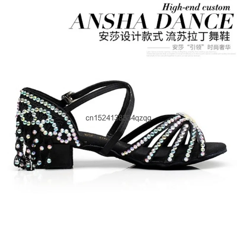 Novos sapatos de dança latina para crianças, sapatos de diamante para meninas, sapatos de dança com borla de sola macia, sapatos de dança padrão de competição