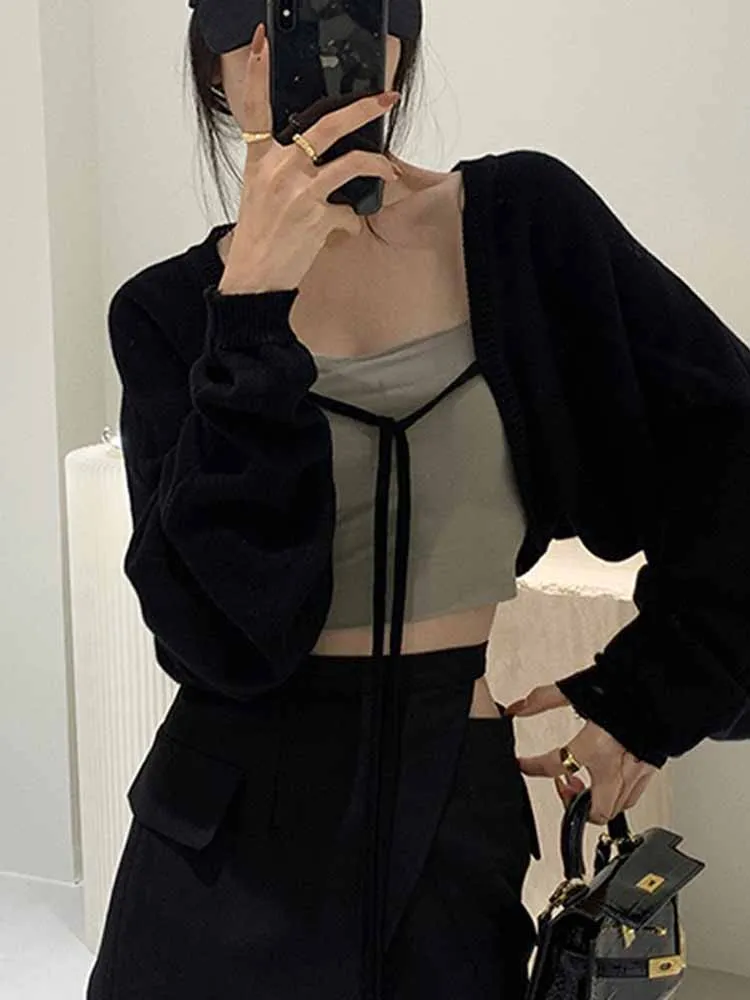 Black Knitted Cardigan Coat Women's Autumn Thin Outdoor Shawl Long Sleeve Blouse Short Small Waistcoat Sun Protection Top