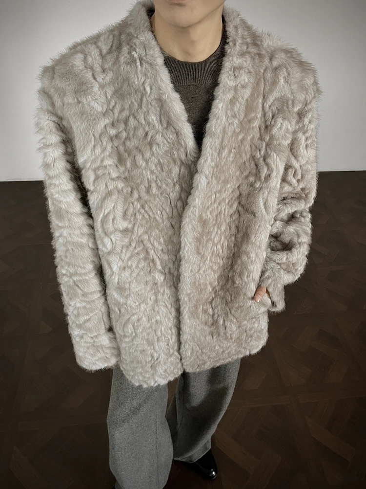 

Thiened Winter Men's Fur Coat Cotton Jaet Lamb Velvet One-Piece Leather And Fur Collarl Suit Casual Sle Warmth