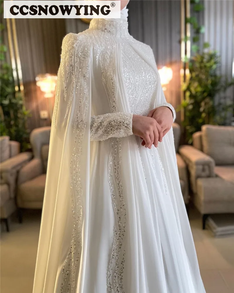 Elegante Chiffon Kralen Lovertjes Trouwjurken Voor Bruid Met Cape Lange Mouw Islamitische Bruidsjurk Arabic Dubai Robe De Mariée