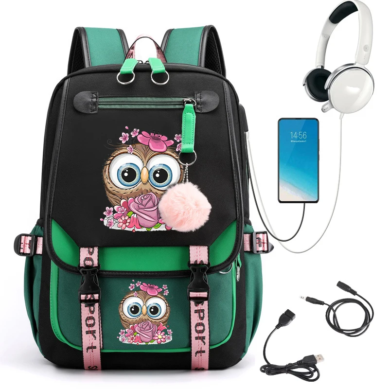 Coruja com Flower Print Mochila para Meninas, Sacos para Adolescentes, Cute Kawaii Bagpack, USB, Estudantes da Escola Primária, Bookbag