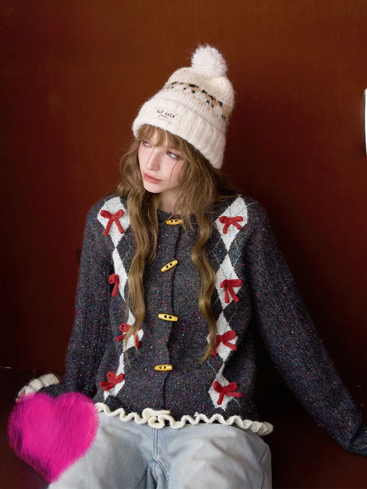 

Зимний вязаный свитер Elfsa Thiened, женский милый новогодний халат в стиле ретро с ромбовидным узором и вышивкой, повседневный Sle