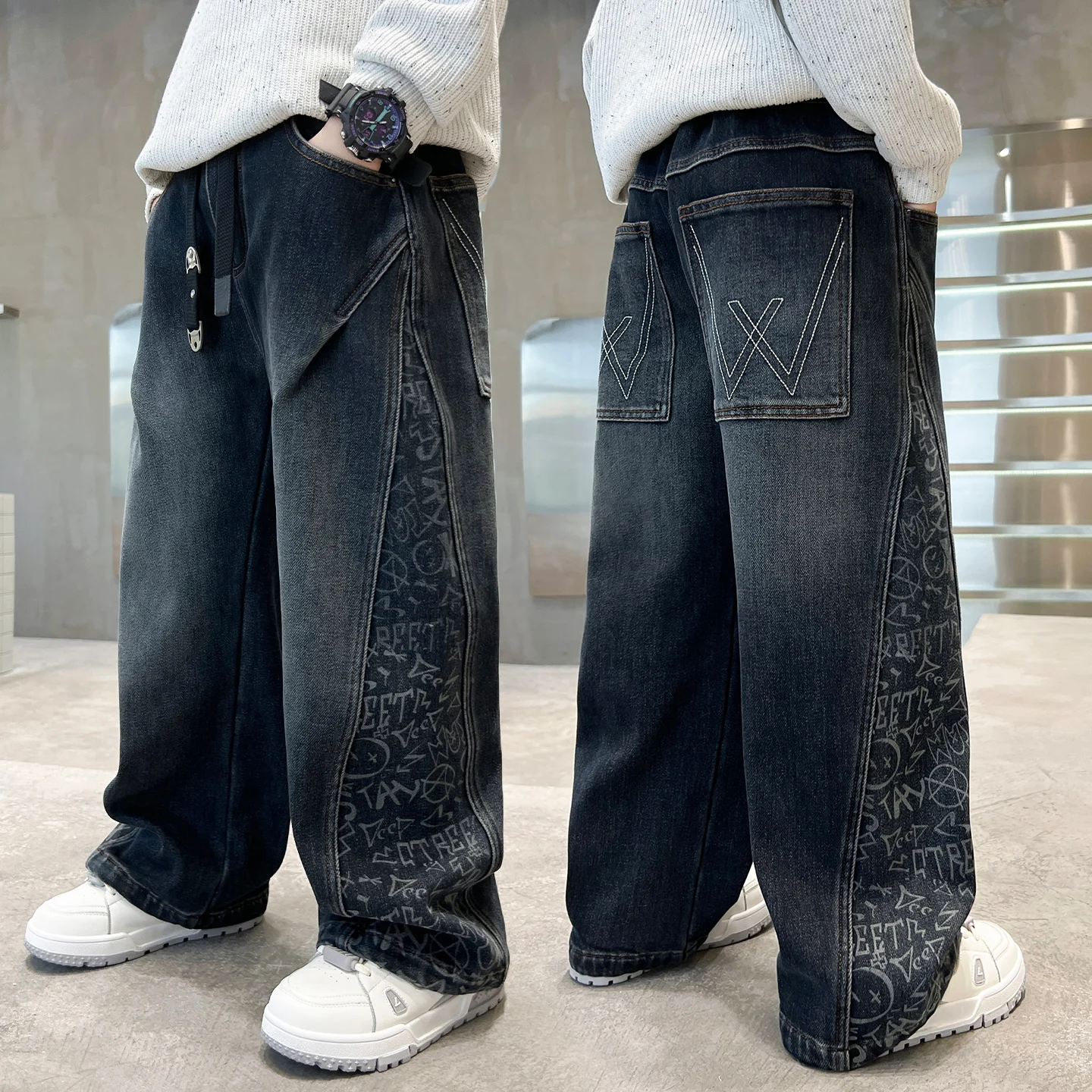 New Items Pattern Embroidered Baggy Jeans Y2K Gothic Harajuku Hip Hop High Waist Wide Leg Pants American Fashion for Boys 4-14Y