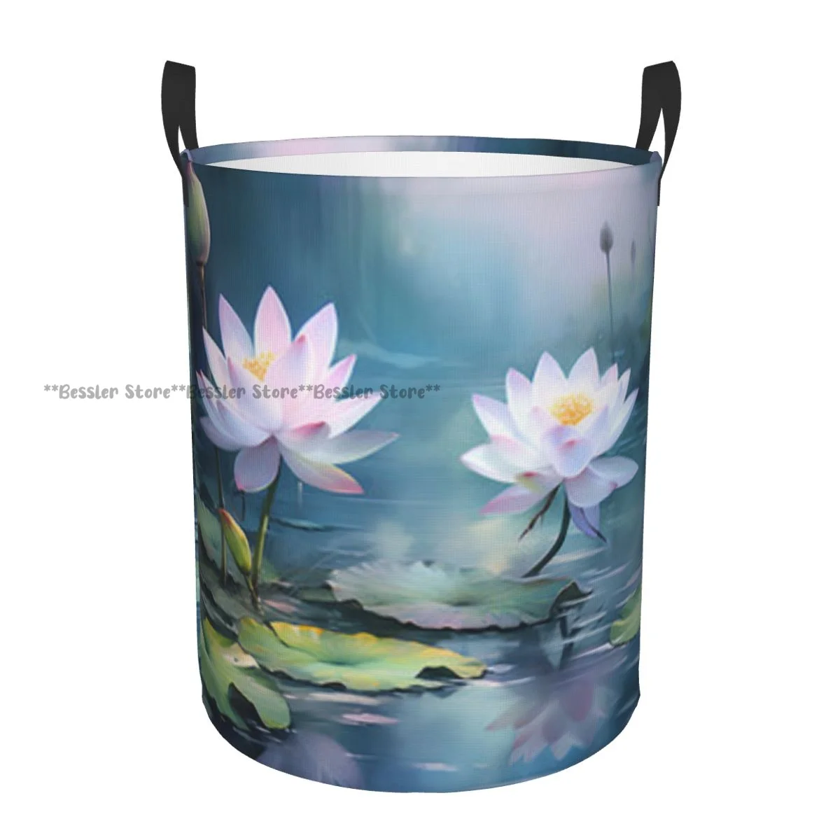 Folding Laundry Basket Beautiful Water Lily Flowers In The Pond Round Storage Bin Collapsible Hamper Clothes Bucket Organizer